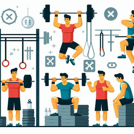 Weightlifter with barbell in gym. Vector flat cartoon illustrationのイラスト素材