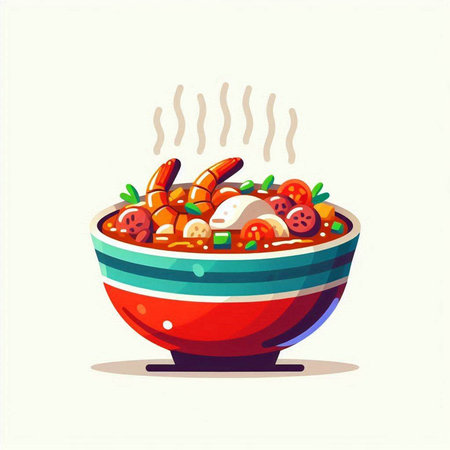 Bowl of soup with shrimps and tomatoes. Vector illustration.のイラスト素材