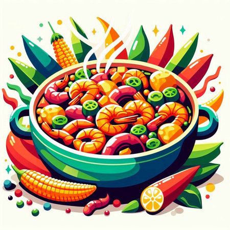 Illustration of a bowl of spicy soup with shrimps and vegetables.のイラスト素材