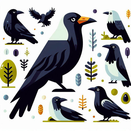 Crow. Set of vector illustrations in flat style. Crows and leaves.のイラスト素材