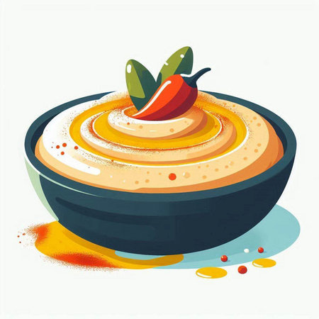 Vegetable hummus in a black bowl. Vector illustration.のイラスト素材