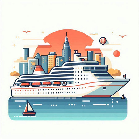 Cruise ship on the background of the city. Vector illustration.のイラスト素材