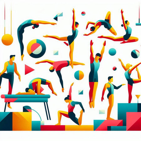 Vector illustration of a set of people doing gymnastics in the gymのイラスト素材