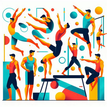Vector illustration of a group of people engaged in gymnastics. Fitness and healthy lifestyle.のイラスト素材