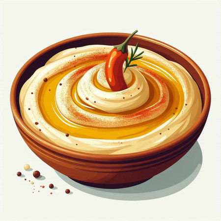 Illustration of a bowl of hummus with paprika and rosemaryのイラスト素材