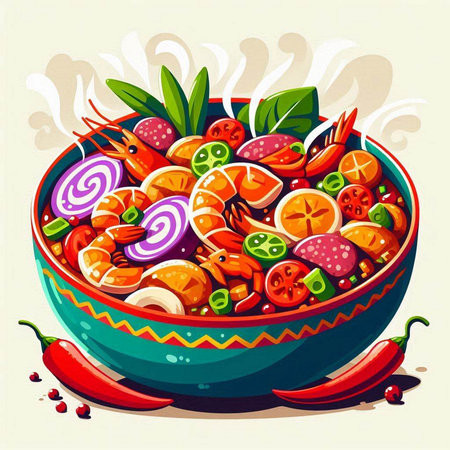 Illustration of a bowl of shrimps with vegetables and spicesのイラスト素材