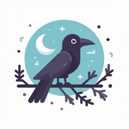 Crow on a branch with a crescent moon. Vector illustration.のイラスト素材