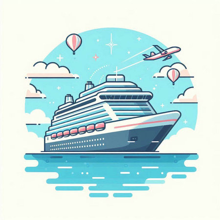 Cruise ship on the sea. Vector illustration in flat style.のイラスト素材