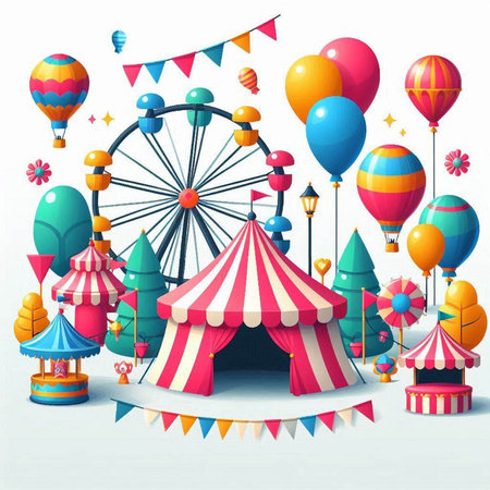 Circus background with tent, balloons and flags. Vector illustration.のイラスト素材
