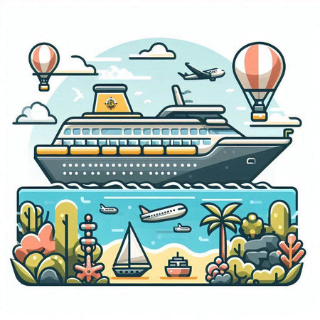 Cruise ship on the sea. Vector illustration in cartoon style.のイラスト素材