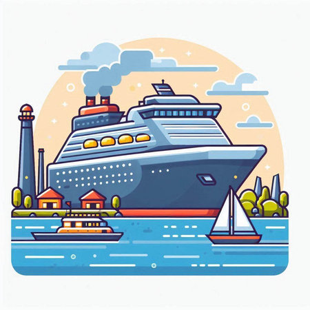 Cruise ship on the river. Vector illustration in flat style.のイラスト素材
