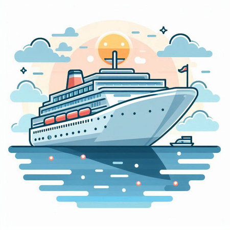 Cruise ship on the sea. Vector illustration in flat style.のイラスト素材