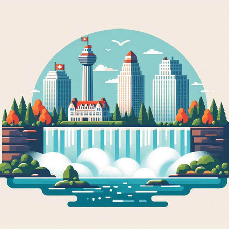 Vector illustration of a city landscape with buildings, trees and river.のイラスト素材