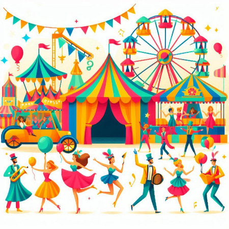 Circus carnival illustration with people dancing and having fun. Vector illustration.のイラスト素材