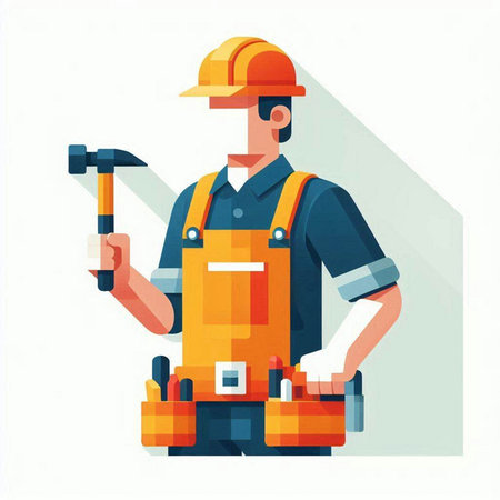 Worker with toolbox and hammer. Vector illustration in flat styleのイラスト素材