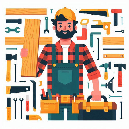 Carpenter with tools. Vector illustration in flat cartoon style.のイラスト素材