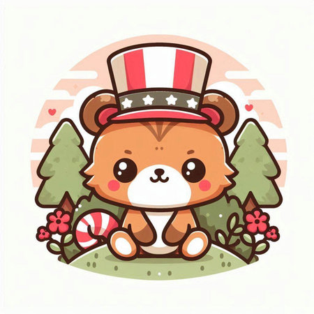 Cute cartoon hamster with a hat in the forest. Vector illustration.のイラスト素材