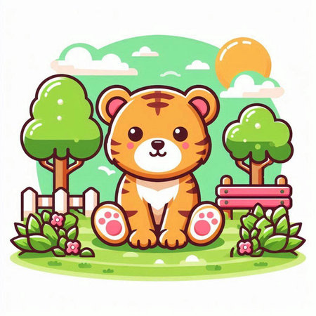 Cute cartoon tiger sitting on the grass in the park. Vector illustrationのイラスト素材