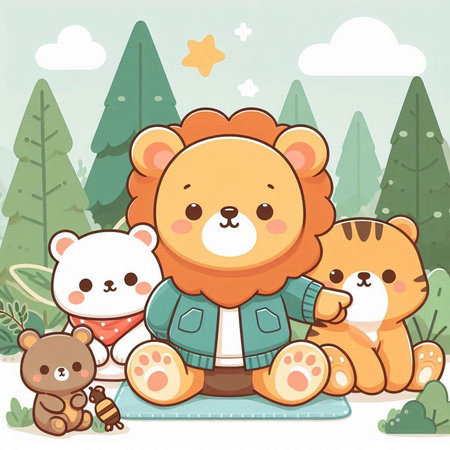 Cute cartoon lion with bear cub and teddy bear in the forestのイラスト素材