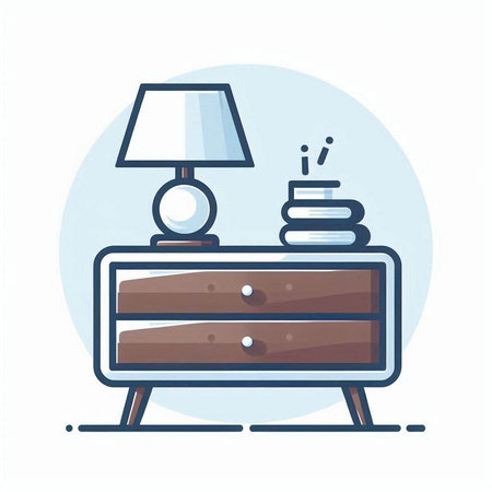 Wooden nightstand with lamp and books. Flat vector illustration.のイラスト素材