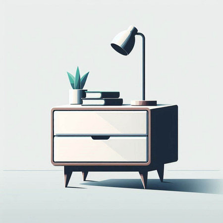 Illustration of a nightstand with books, a lamp and a plantのイラスト素材