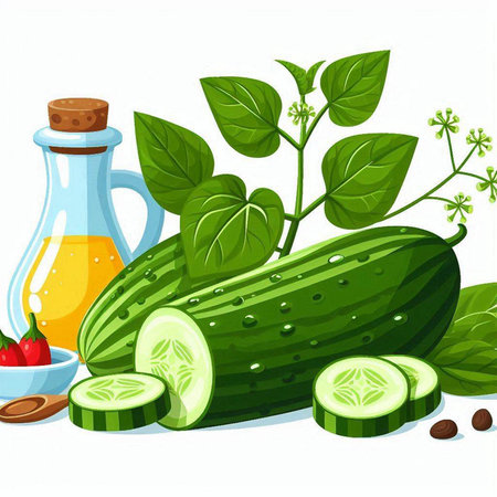 Cucumber and cucumber juice in a glass bottle. Vector illustration.のイラスト素材