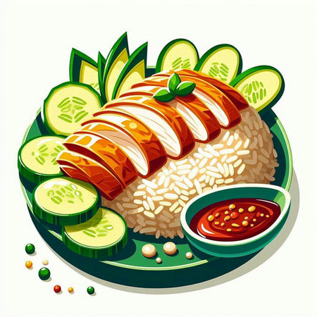 Illustration of grilled salmon with rice and cucumber on white backgroundのイラスト素材