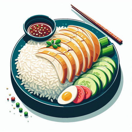 Illustration of japanese food with rice and vegetables on a plateのイラスト素材