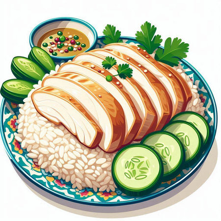 Illustration of chicken fillet with rice and cucumber on plateのイラスト素材