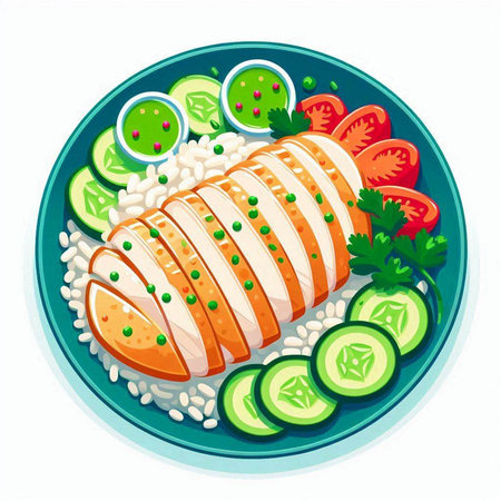 Illustration of salmon fillet with rice and vegetables on a plateのイラスト素材