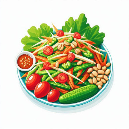 Papaya salad with cucumber, tomatoes and peanuts. Vector illustration.のイラスト素材
