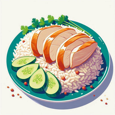 Vector illustration of a plate of rice with chicken and cucumber.のイラスト素材