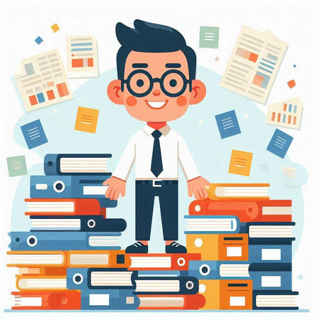 Businessman standing on pile of books. Vector flat cartoon illustration.のイラスト素材