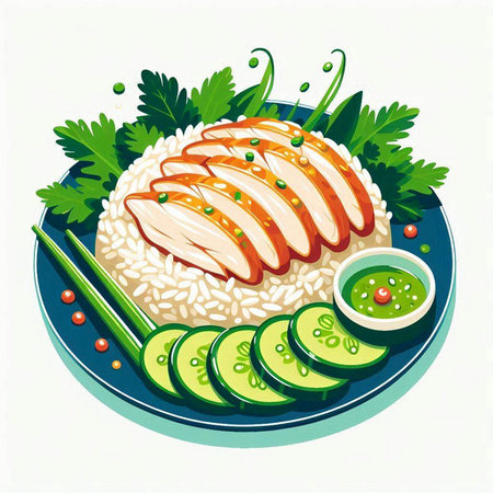 Illustration of a bowl of rice with grilled chicken and cucumberのイラスト素材