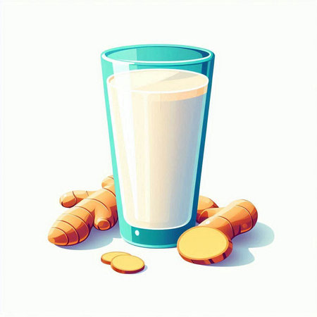 Illustration of a glass of turmeric milk and ginger on a white backgroundのイラスト素材