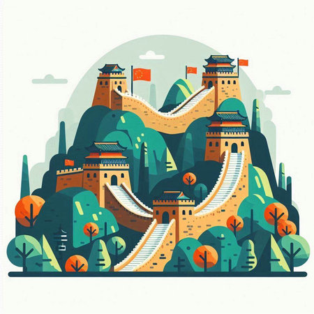 Vector illustration of the Great Wall in Beijing, China in flat style.のイラスト素材