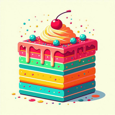 Rainbow cake with cream and cherry on top. Vector illustration.のイラスト素材