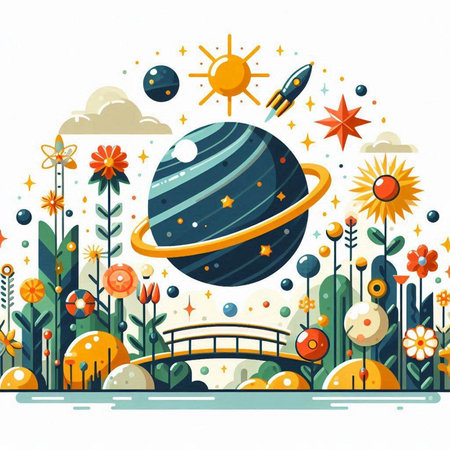 Vector illustration of fantasy planet in space with sun, stars and flowersのイラスト素材