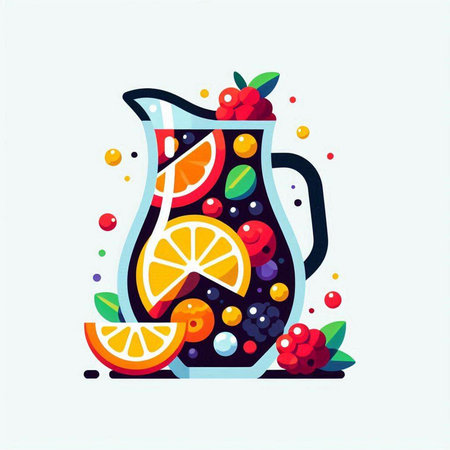 Vector illustration of a glass jug of fruit juice with fruits and berries.のイラスト素材