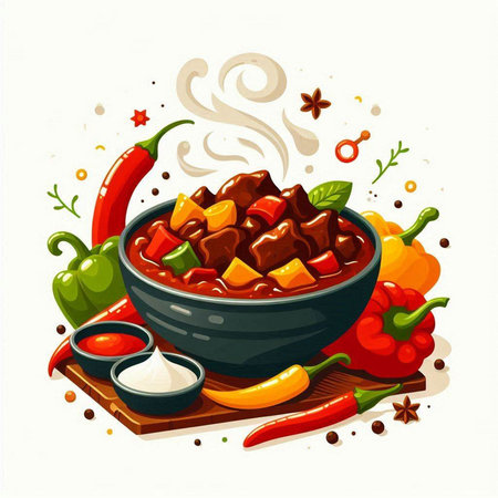 Illustration of a bowl of hot beef stew with spices and vegetablesのイラスト素材