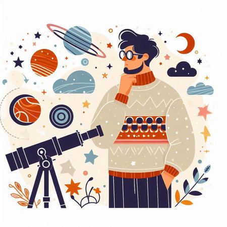 Vector illustration of a man with a telescope and planets in the backgroundのイラスト素材