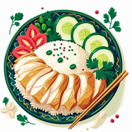 Illustration of a bowl of rice with salmon and vegetables on a white backgroundのイラスト素材