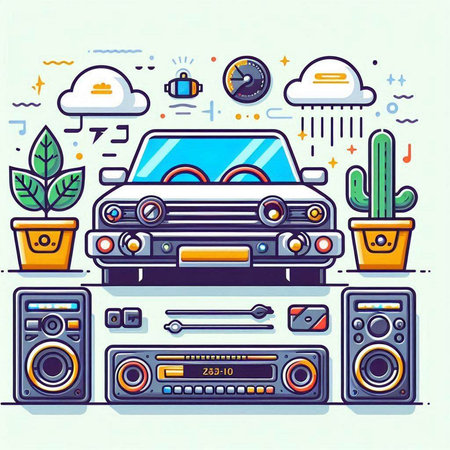 Vector illustration in flat linear design style on the topic of car, audio equipment and technology.のイラスト素材