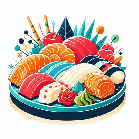 Sushi and rolls on a plate. Vector illustration in cartoon style.のイラスト素材