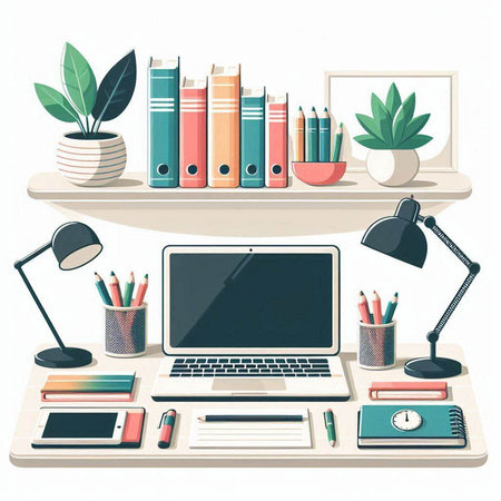 Vector illustration of an office desk with laptop, books, stationery and plantsのイラスト素材