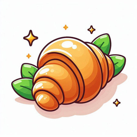 Cute cartoon croissant with green leaves. Vector illustration.のイラスト素材