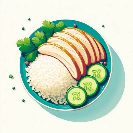 Rice with chicken and cucumber on a plate. Vector illustration.のイラスト素材