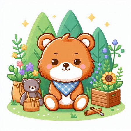 Cute bear with a teddy bear in the garden. Vector illustrationのイラスト素材