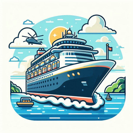 Cruise ship on the sea. Vector illustration in flat style.のイラスト素材