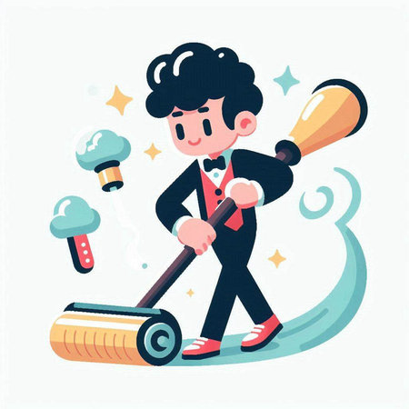 Cartoon businessman riding scooter. Vector illustration in flat style.のイラスト素材